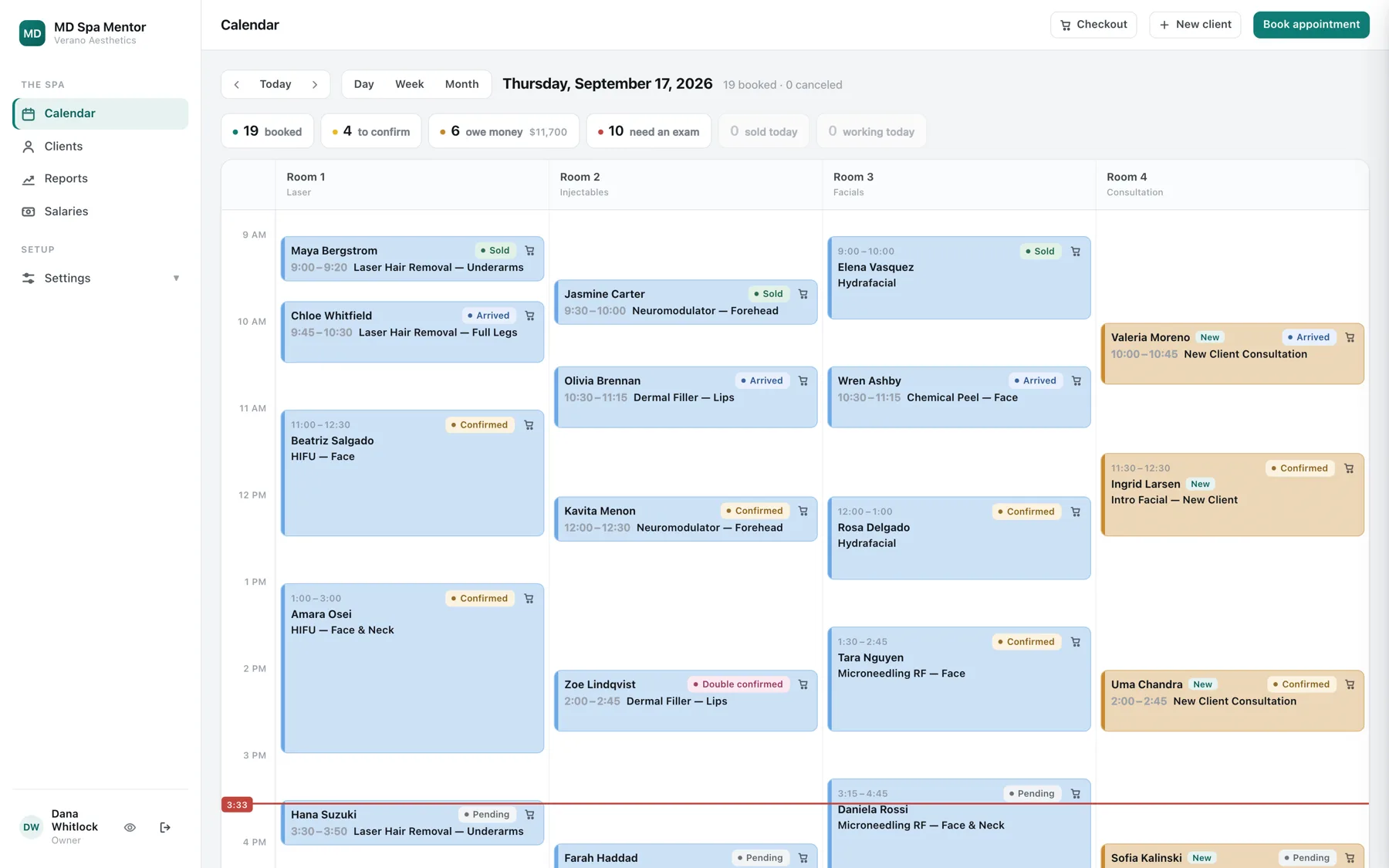 The calendar across four treatment rooms